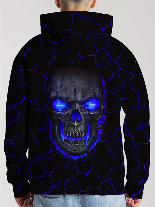 Men's 3D Skull Print Hoodie - Edgy Blue Glowing Eyes Design, Long Sleeve, Casual & Sporty, Polyester Blend, Machine Washable for Fall/Winter, Skull Hoodie