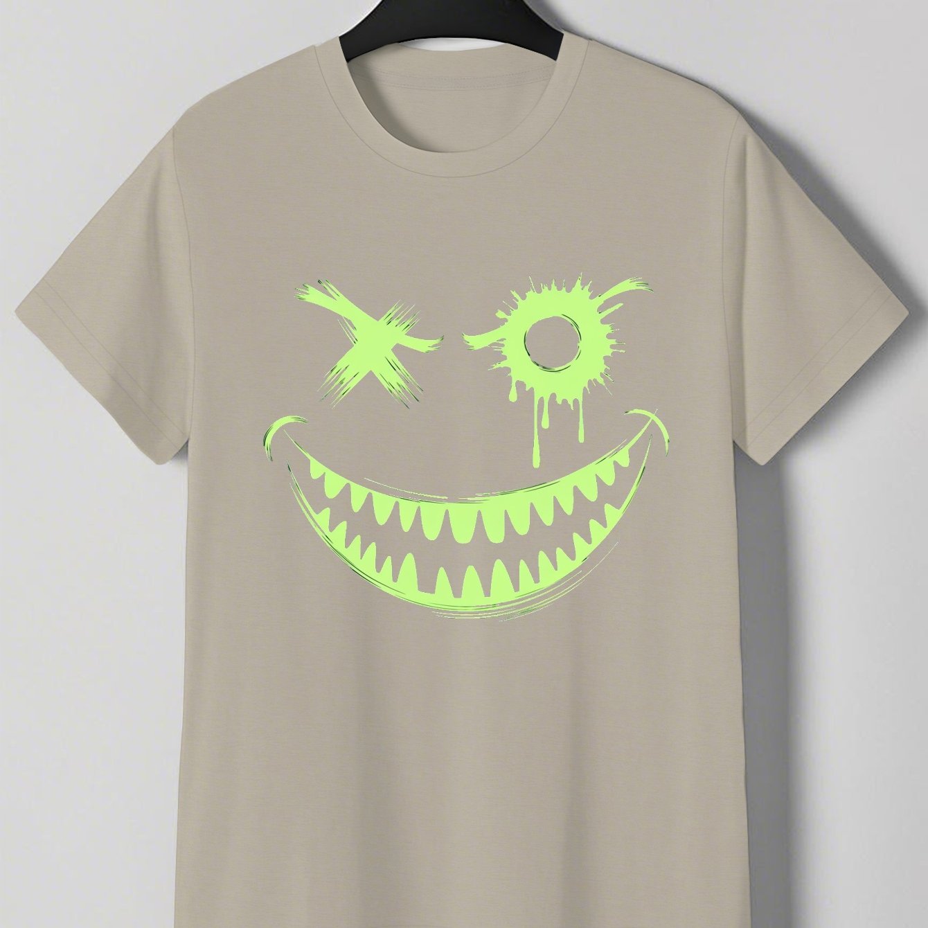Men's Neon Green Glow-in-the-Dark Mischievous Grin Face Graphic T-Shirt - Lightweight Summer Tee for Parties, Casual Attire & Costume Events - Non-Transparent Casual Shirt for Adults, Playful Design, Machine Washable Fabric