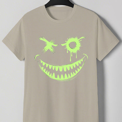 Men's Neon Green Glow-in-the-Dark Mischievous Grin Face Graphic T-Shirt - Lightweight Summer Tee for Parties, Casual Attire & Costume Events - Non-Transparent Casual Shirt for Adults, Playful Design, Machine Washable Fabric
