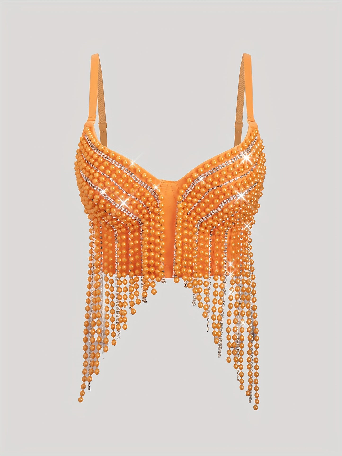 Sexy Fishbone Corset Top with Pearl Embellishments & Tassel Details - Vibrant Pink Stretchy Spaghetti Strap Bustier for Nightclub, Concert, Festival - Versatile All-Season Women's Fashion, Concert Attire, Elegant Style, Styli