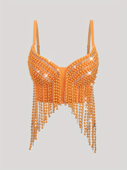 Sexy Fishbone Corset Top with Pearl Embellishments & Tassel Details - Vibrant Pink Stretchy Spaghetti Strap Bustier for Nightclub, Concert, Festival - Versatile All-Season Women's Fashion, Concert Attire, Elegant Style, Styli