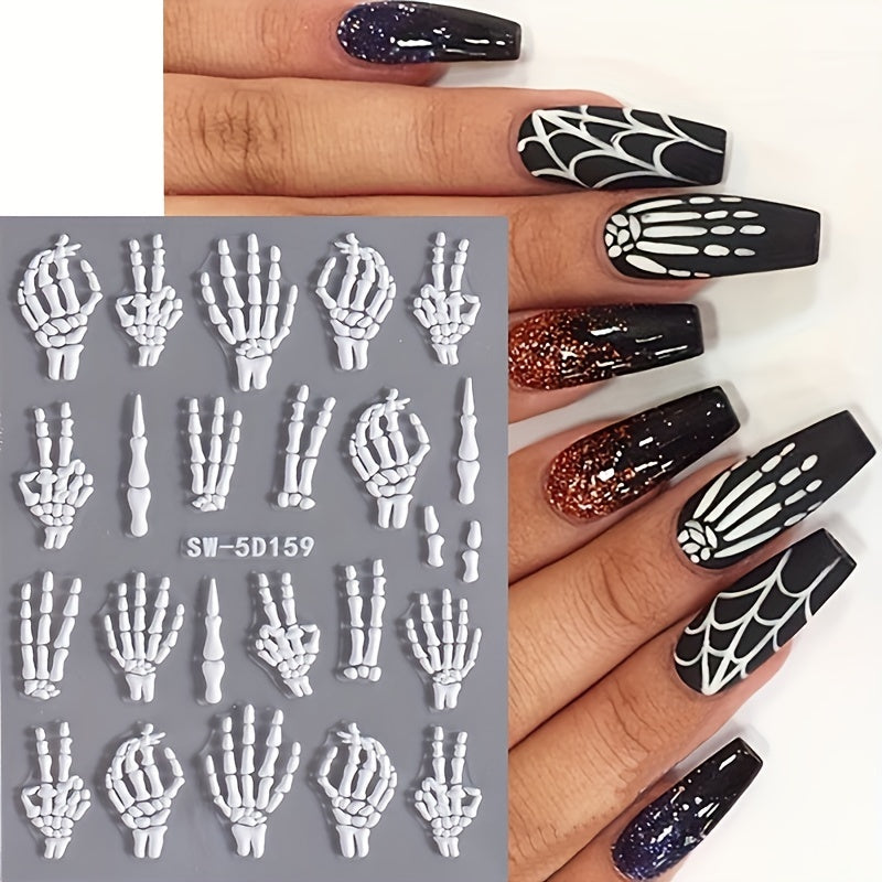 [5D Skull Nail Stickers] 5D Embossed Halloween Skull Nail Art Stickers | Self-Adhesive Decals for DIY Manicure & Pedicure, Cartoon Design, Matte Finish, Fantasy Decorations