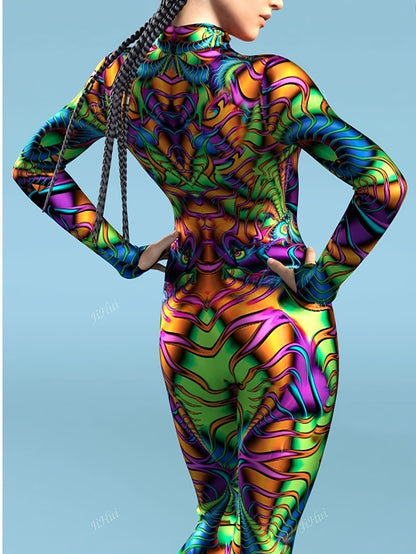 New European and American Style Women's Sexy Bodysuit with Floral Print, Long Sleeve Fabric for Performance Festivals - Wild Edition
