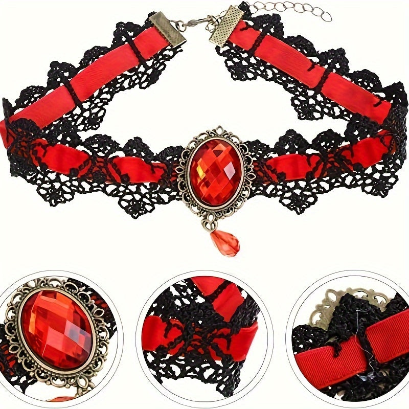Gothic Lace Choker Necklace with Rhinestone, Adjustable Clavicle Jewelry, Women'S Fashion Collar, Gift for Parties, Halloween, All-Season Accessory