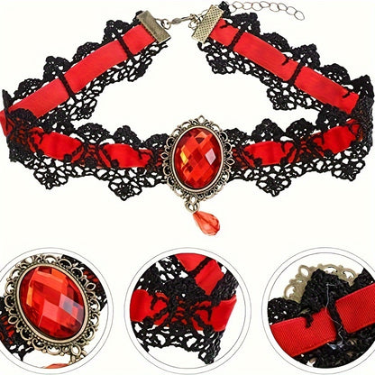 Gothic Lace Choker Necklace with Rhinestone, Adjustable Clavicle Jewelry, Women'S Fashion Collar, Gift for Parties, Halloween, All-Season Accessory