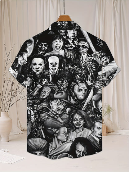 Men's Casual Short Sleeve Novelty Collar Shirt with Geometric Horror Character Print - Machine Washable Regular Fit Black & White Graphic Top for Casual Attire, Detailed Prints, Comfortable Fabric