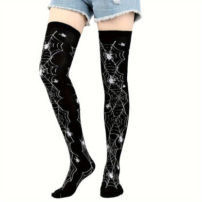 [Funny Halloween Socks] 3 Pairs Halloween Skull & Bat Print Women's Over-the-Knee Socks | Soft, Comfortable, Tight, High-Stretch for Parties & Daily Wear