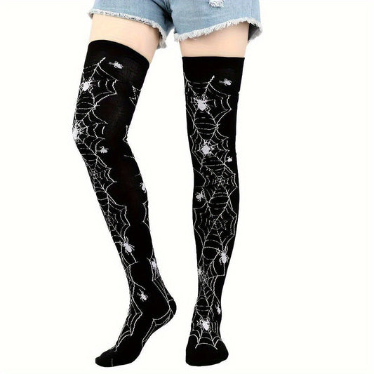 [Funny Halloween Socks] 3 Pairs Halloween Skull & Bat Print Women's Over-the-Knee Socks | Soft, Comfortable, Tight, High-Stretch for Parties & Daily Wear