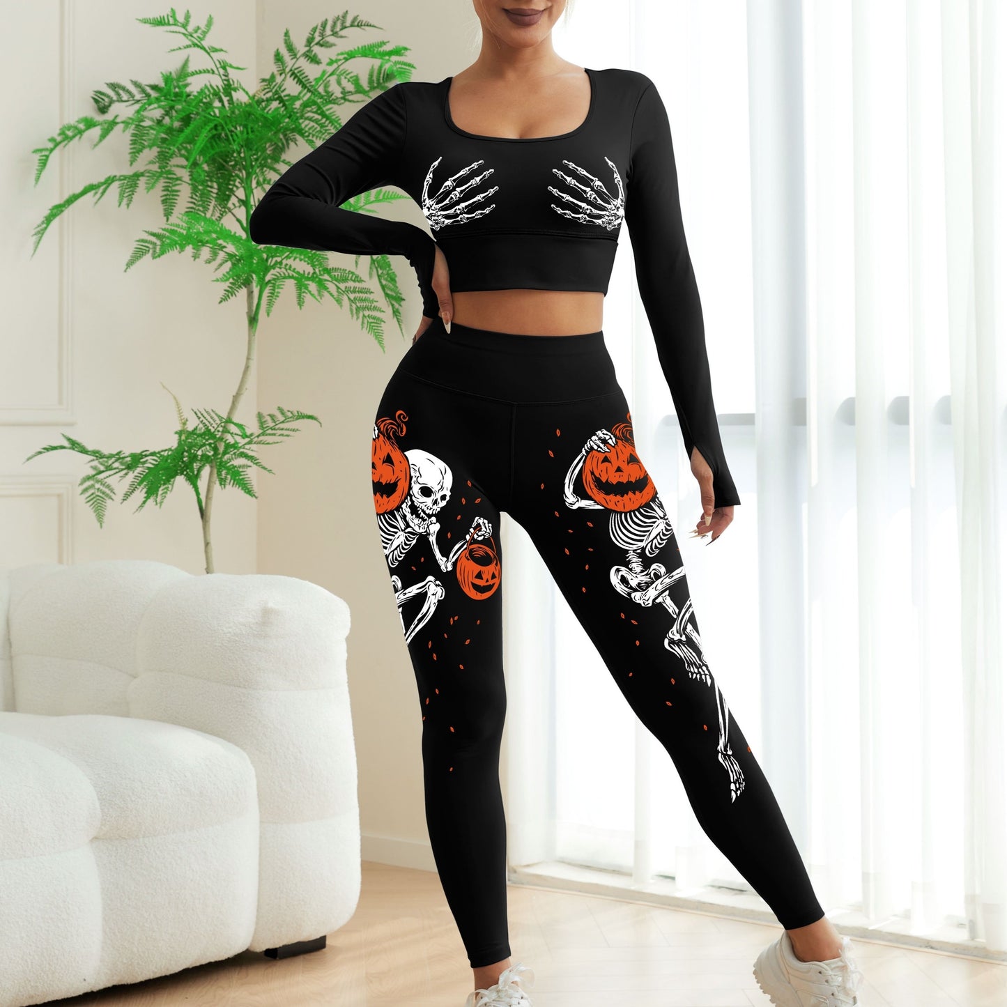 Women's High-Waist Yoga 2pcs Set, Halloween Skull Pumpkin Glow-in-the-Dark U-Neck Bra and Long Sleeve Top, High-Waist Stretchy Black Leggings with Printed Skeleton & Fluorescent Pumpkin Design, Women's Casual Sportswear Pants