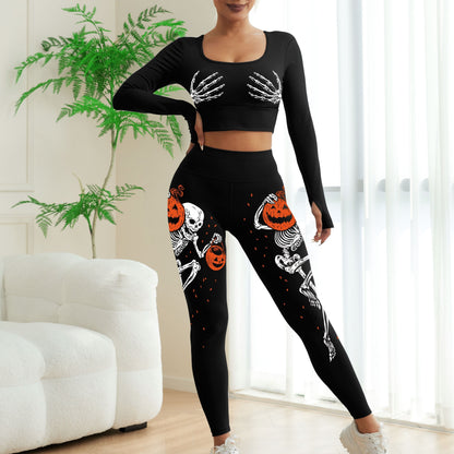 Women's High-Waist Yoga 2pcs Set, Halloween Skull Pumpkin Glow-in-the-Dark U-Neck Bra and Long Sleeve Top, High-Waist Stretchy Black Leggings with Printed Skeleton & Fluorescent Pumpkin Design, Women's Casual Sportswear Pants
