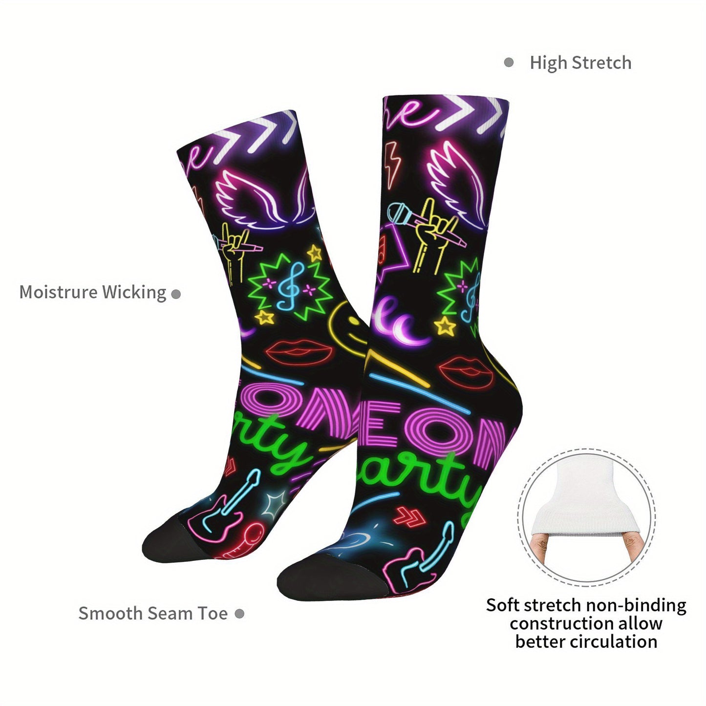 1 Pair Men'S Neon Style Compression Socks, Vintage Harajuku Hip Hop Novelty Pattern, Polyester & Elastane, Hand Wash or Dry Clean, Random Printed Crew Socks, Gift Idea