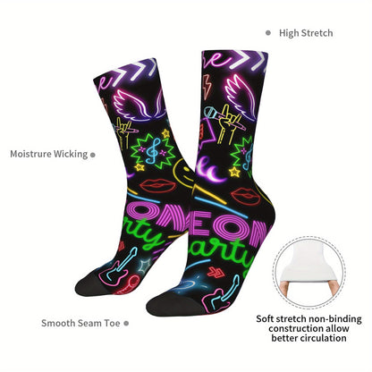 1 Pair Men'S Neon Style Compression Socks, Vintage Harajuku Hip Hop Novelty Pattern, Polyester & Elastane, Hand Wash or Dry Clean, Random Printed Crew Socks, Gift Idea