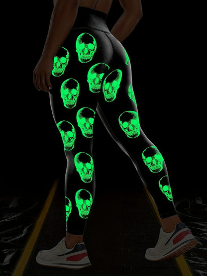 [Glow Halloween Leggings] Stretchy, Comfortable Glow-in-the-Dark Halloween Skull Print High Waist Yoga Leggings for Women | Black Sports Pants for Nighttime Workouts or Casual Wear, Casual Sportswear