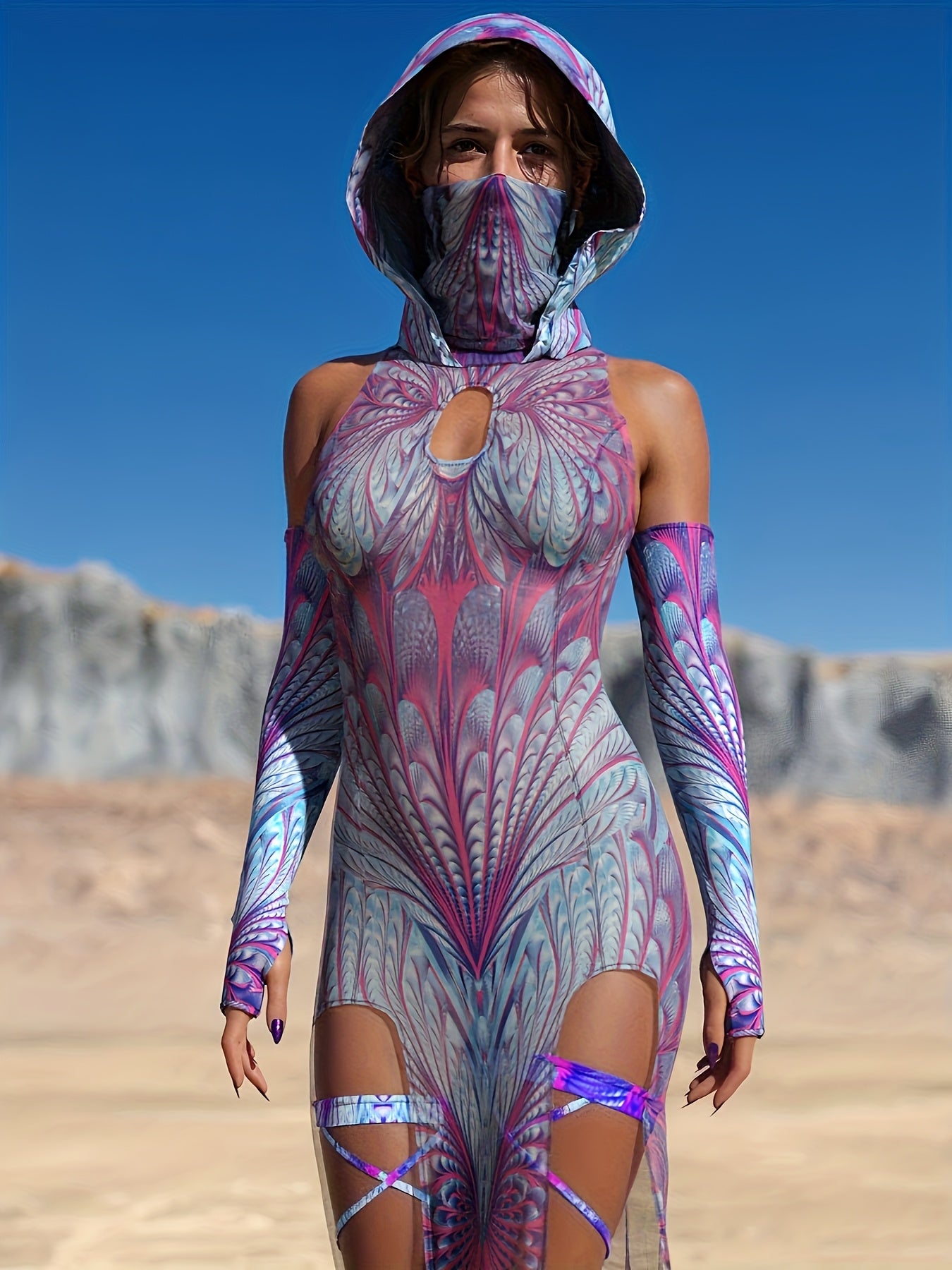 Women'S Cosmic Starry Pattern Futuristic Superhero Costume Dress - Sleeveless Bodycon with Hooded Neck, Geometric Design for Halloween, Cosplay, Themed Parties & Year-Round Fashion