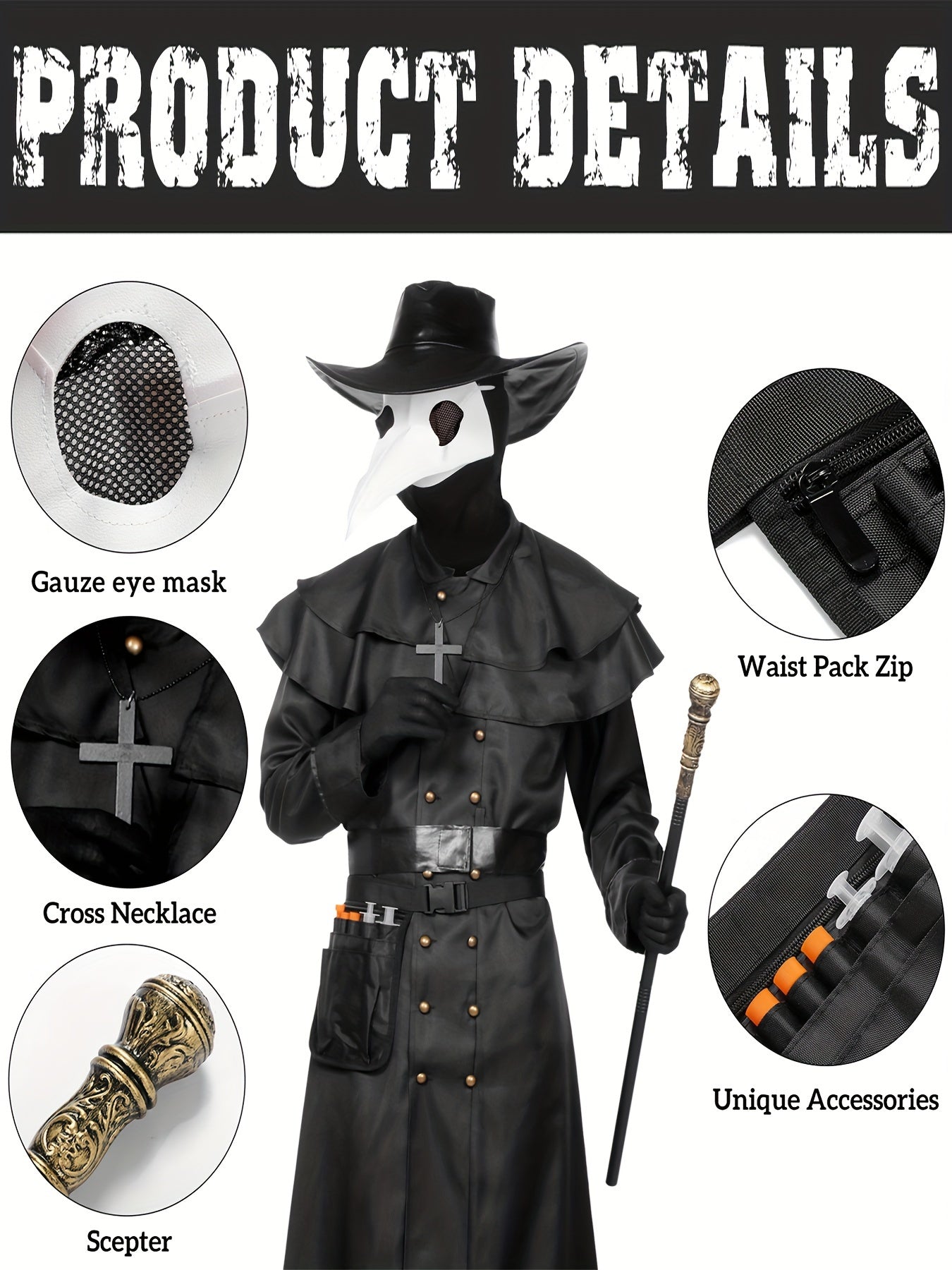Adult Men'S Steampunk Plague Doctor Costume - Halloween Medieval Monk Priest Renaissance Party Outfit with Cape, Robe, Mask, and Accessories - Polyester 100% Solid Color with Stand Collar and Belt - Regular Fit Woven Fabric 1