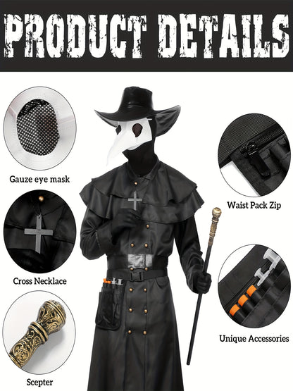 Adult Men'S Steampunk Plague Doctor Costume - Halloween Medieval Monk Priest Renaissance Party Outfit with Cape, Robe, Mask, and Accessories - Polyester 100% Solid Color with Stand Collar and Belt - Regular Fit Woven Fabric 1