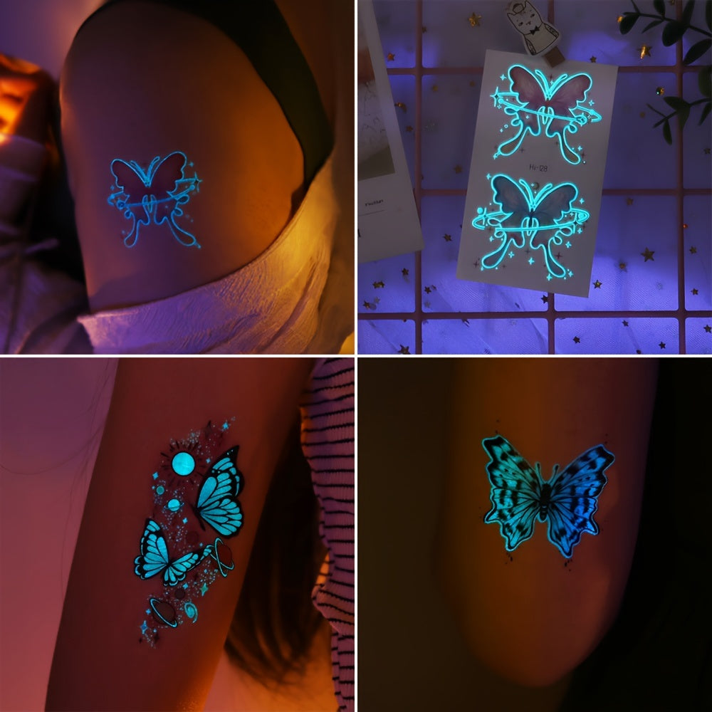 12 Sheets Luminous Glow in the Dark Temporary Tattoos - Waterproof Fake Tattoo Stickers with Butterfly & Floral Designs, Neon Blue Glow for Nightclub, Festival, Party Decoration, Festival Body Art | Mystical Design Elements |
