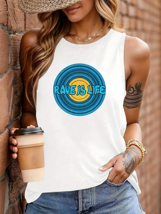 Rave Is Life Women's Sleeveless Vest - Vibrant Red Geometric Circular Design, Casual Round Neck, Machine Washable All-Season Wear for Festivals, Parties & Everyday Outfits, Rave Accessories, Festival Outfit, Bold Graphic, Lig