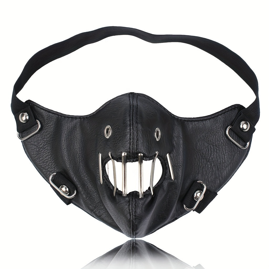 1pc Faux Leather Safety Pin Mask, Unisex Hollow-Out Novelty Face Covering for Halloween Party Costume, Funky Men's Fashion Accessory