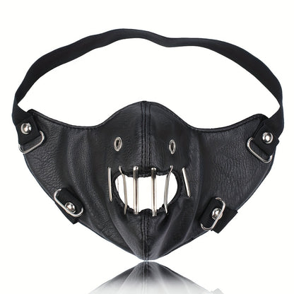 1pc Faux Leather Safety Pin Mask, Unisex Hollow-Out Novelty Face Covering for Halloween Party Costume, Funky Men's Fashion Accessory