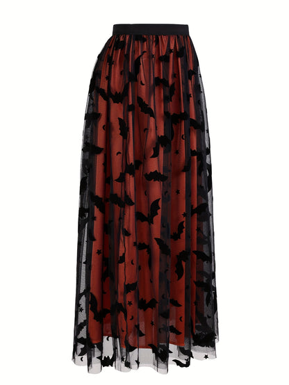 Plus Size - Elegant Plus Size Purple Tulle Skirt with Black Bat Print - Mid-Length, Flowy Design, Perfect for Casual or Formal Occasions, Formal Occasion Skirt | Bat Print Skirt | Polyester Fabric