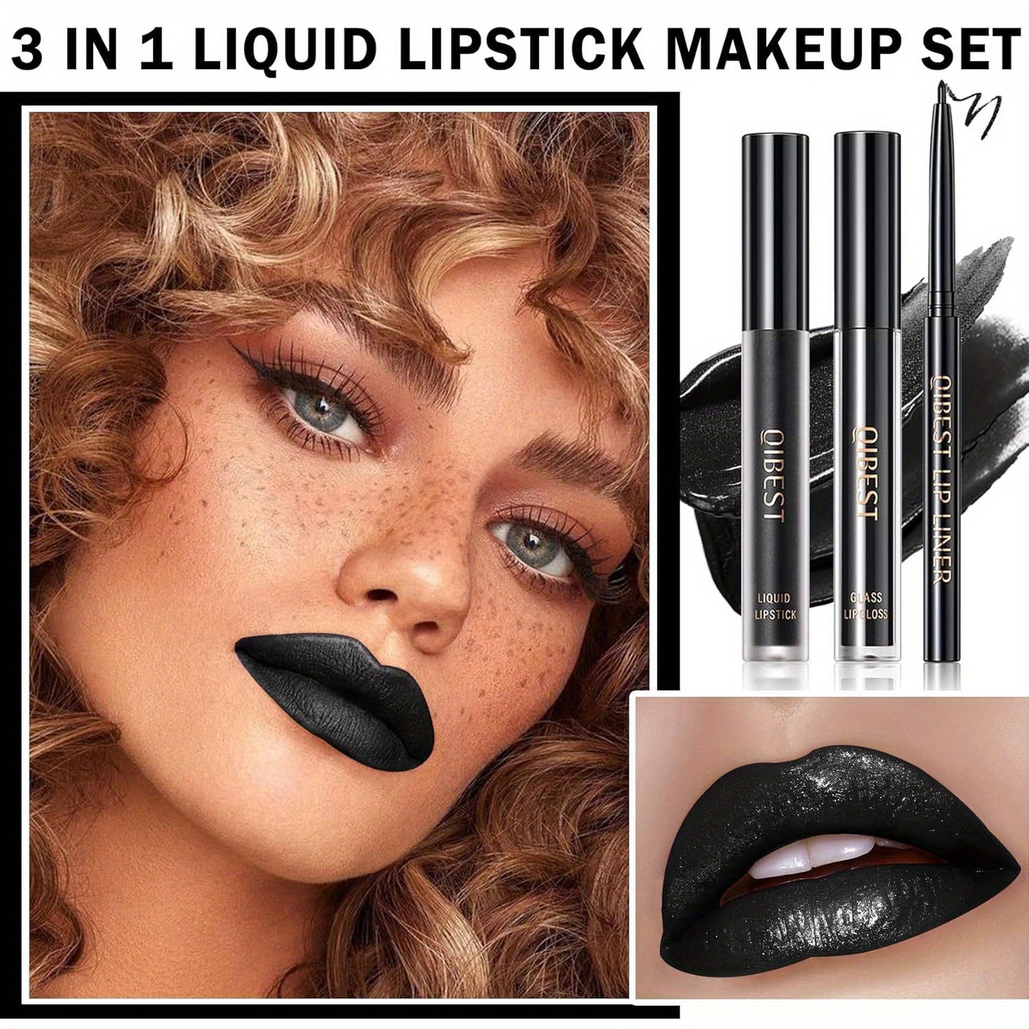 3pcs Black Lip Liner And Lipstick Set Liquid Matte Lipstick Velvet Charming Long-Lasting Waterproof Lip Gloss Makeup Kit for Halloween Goth Face Body Paint Cosplay Party Accessories Dress Up