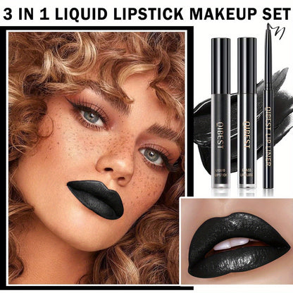 3pcs Black Lip Liner And Lipstick Set Liquid Matte Lipstick Velvet Charming Long-Lasting Waterproof Lip Gloss Makeup Kit for Halloween Goth Face Body Paint Cosplay Party Accessories Dress Up