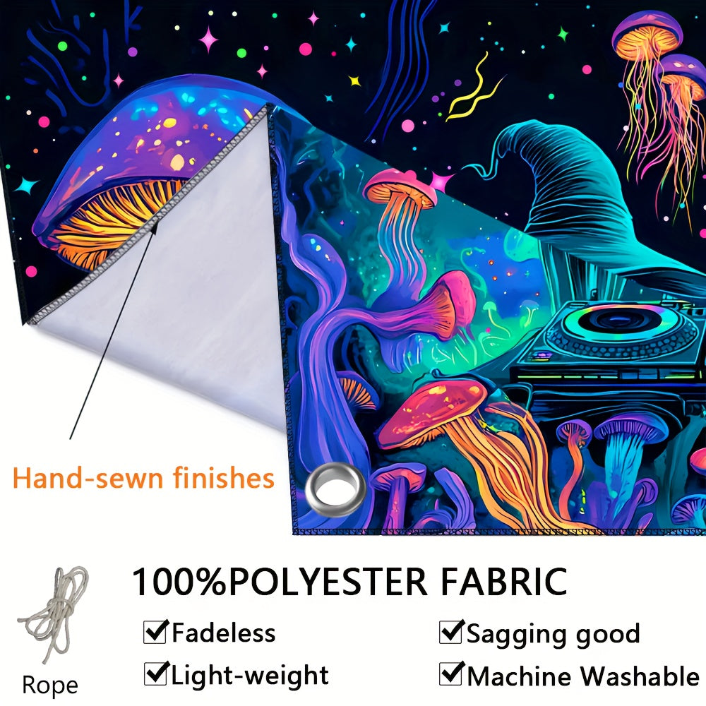 Wizard DJ Jellyfish Mushroom Fluorescent Tapestry - Halloween Outdoor Large Wall Hanging Decor for Yard Party, Hole-Punched Easy Hang, Festive Gift, Polyester, No Electricity Needed