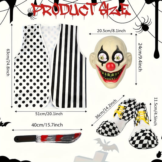 [6pcs Scary Clown Set] 6pcs Scary Clown Costume Accessories Set for Adult - Halloween Wig, Mask, Bloody Machete Prop, Gloves, Striped Vest & Shoes | Scary Circus Outfit Party Props