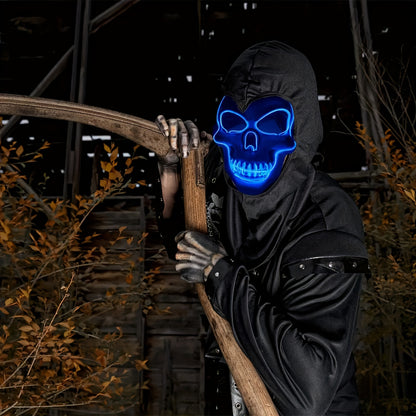 LED Glowing Skull Mask with Blue Light Effects - Self-Lit Halloween Costume Party Mask with Expressive Eyes & Sharp Teeth, Battery-Powered (Batteries Not Included) for Men's Costumes, Themed Events, Gothic Performances - Comp