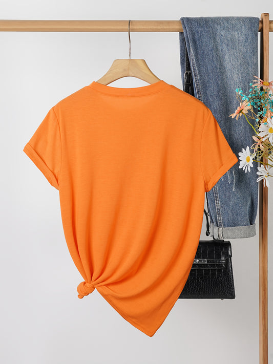 [Halloween Pumpkin T-Shirt] Halloween Pumpkin & Leopard Bow Print Women's T-Shirt | Vibrant Orange Casual Short Sleeve Crew Neck Top for Daily Wear, Costume Parties & Spring/Summer Outfits
