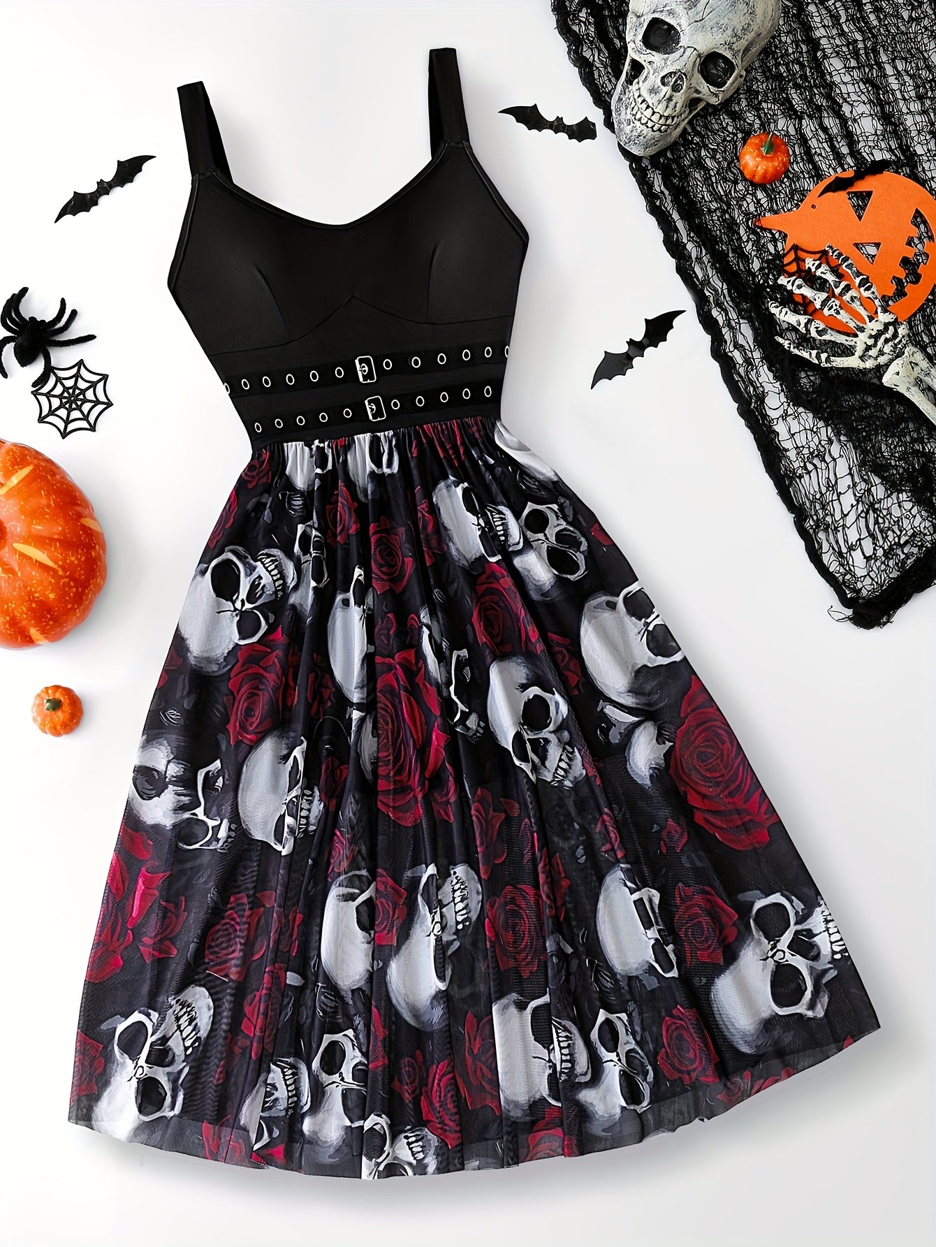 [Gothic Halloween Dress] Gothic Halloween Skeleton Rose Print Dress | Double V-Neck Zipper Sleeveless A-Line Skirt with Tulle Lining for Halloween Parties