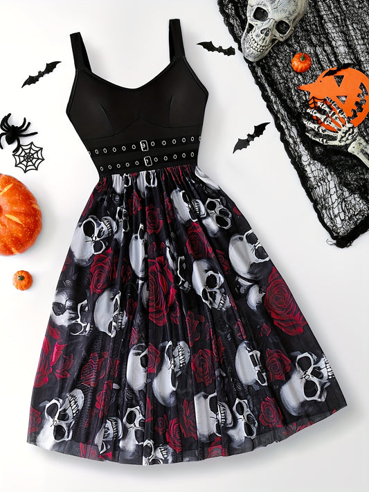 [Gothic Halloween Dress] Gothic Halloween Skeleton Rose Print Dress | Double V-Neck Zipper Sleeveless A-Line Skirt with Tulle Lining for Halloween Parties