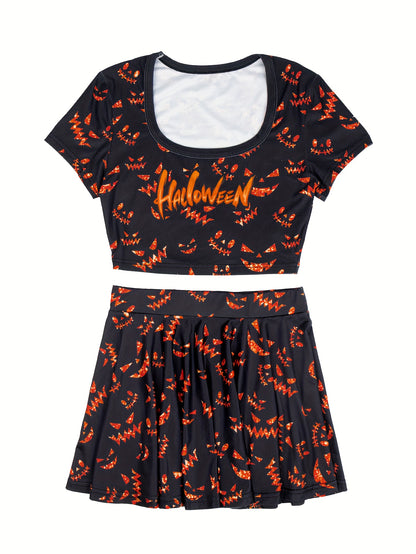Women'S Halloween Skull 3D Print Top & Skirt Set - Black with Orange Pumpkin & Bat Design, Short Sleeve Crop Top & Mini Skirt, Perfect for Festive Occasions, Festive Attire|Playful Print|Short Sleeve Top, Halloween Costume