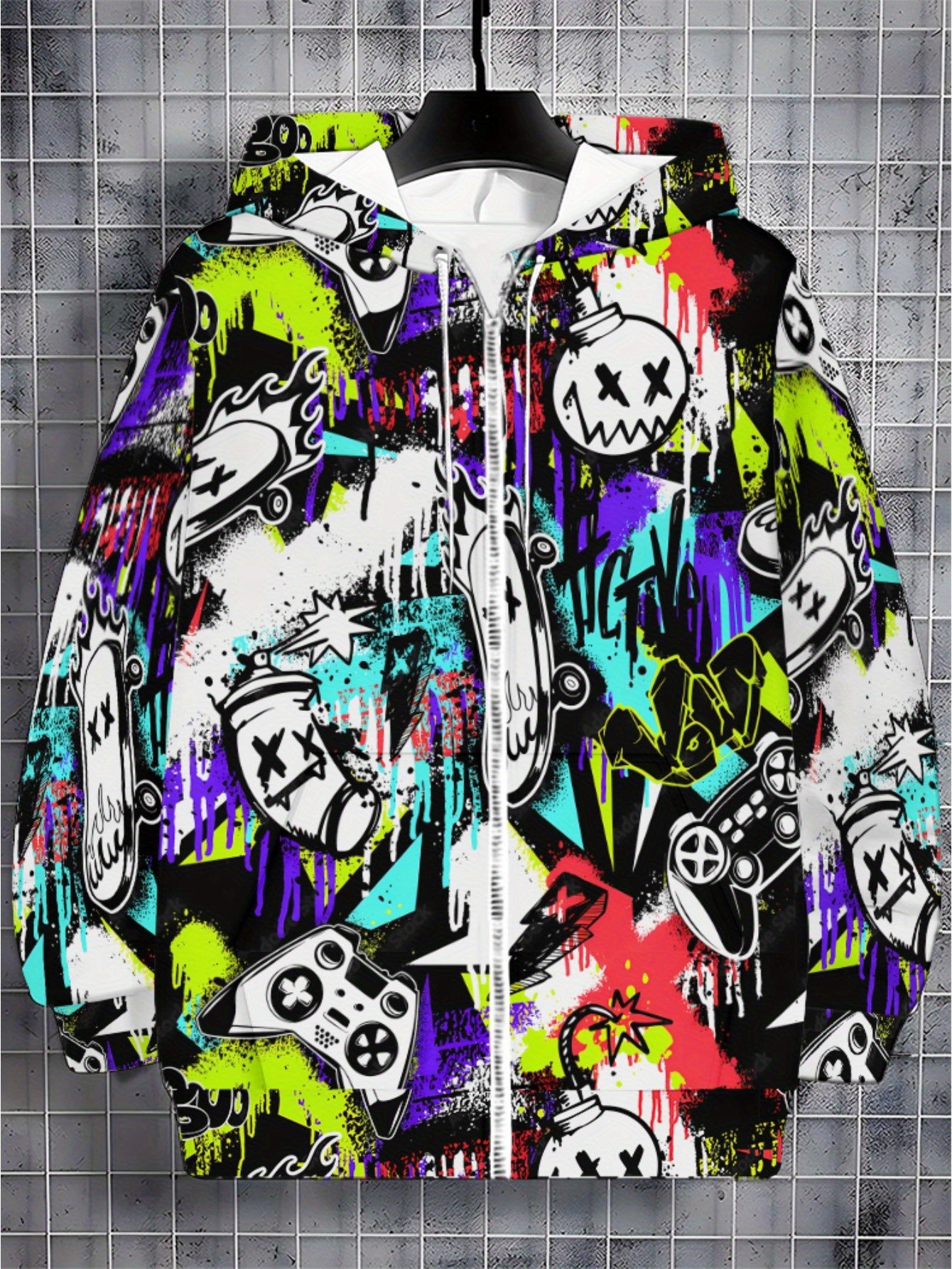 Men's Full-Zip Hoodie - Lightweight Graffiti Jacket with Neon Street Art, Game Controller Graphic Pockets - Zippered Hooded Sweatshirt for Urban Streetwear, Gaming & Casual Outfits - Machine Washable Polyester Outerwear, Dura