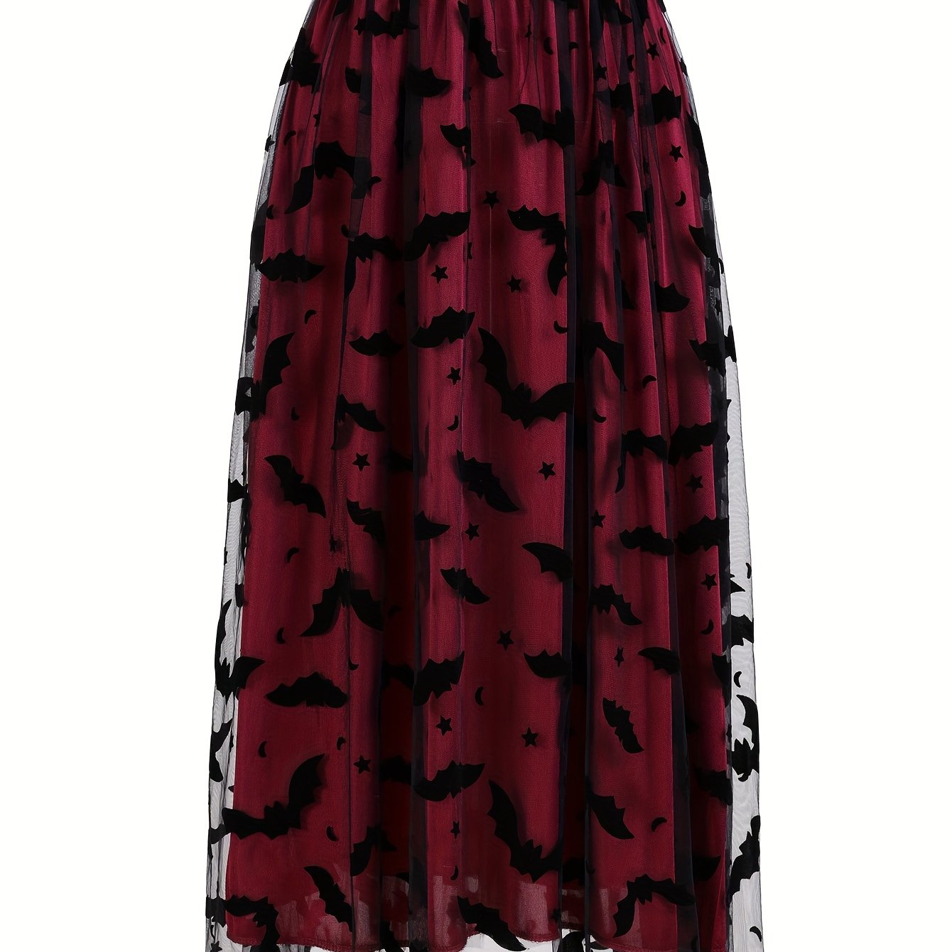 Plus Size - Elegant Plus Size Purple Tulle Skirt with Black Bat Print - Mid-Length, Flowy Design, Perfect for Casual or Formal Occasions, Formal Occasion Skirt | Bat Print Skirt | Polyester Fabric