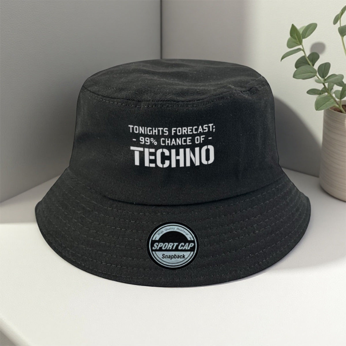 Men's Techno Music Bucket Hat - Tonight's Forecast Chance of Techno Print, Lightweight Breathable Sun Hat for raves, clubs, beach - Machine Washable Polyester Cap (Black/5 Colors Available) - Dad Hat Trucker Hat for Techno En