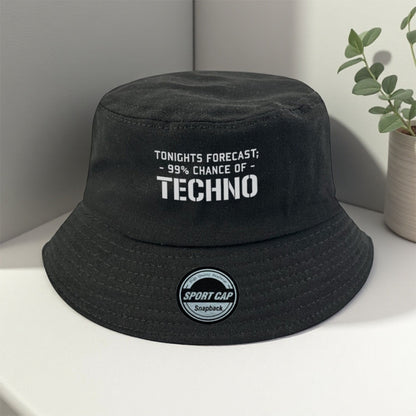 Men's Techno Music Bucket Hat - Tonight's Forecast Chance of Techno Print, Lightweight Breathable Sun Hat for raves, clubs, beach - Machine Washable Polyester Cap (Black/5 Colors Available) - Dad Hat Trucker Hat for Techno En