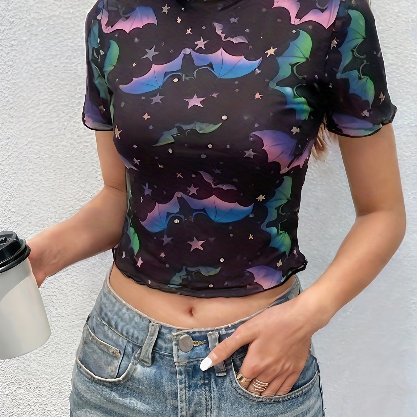 Stylish Bat Print T-Shirt Women's Short Sleeve Round Neck Blouse Spring/Summer New Versatile Women's Tee Sheer Mesh Crop Top No Underwear Included