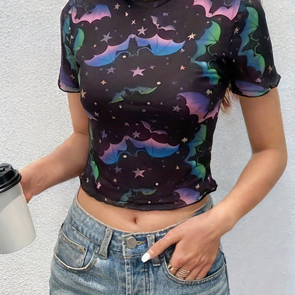 Stylish Bat Print T-Shirt Women's Short Sleeve Round Neck Blouse Spring/Summer New Versatile Women's Tee Sheer Mesh Crop Top No Underwear Included