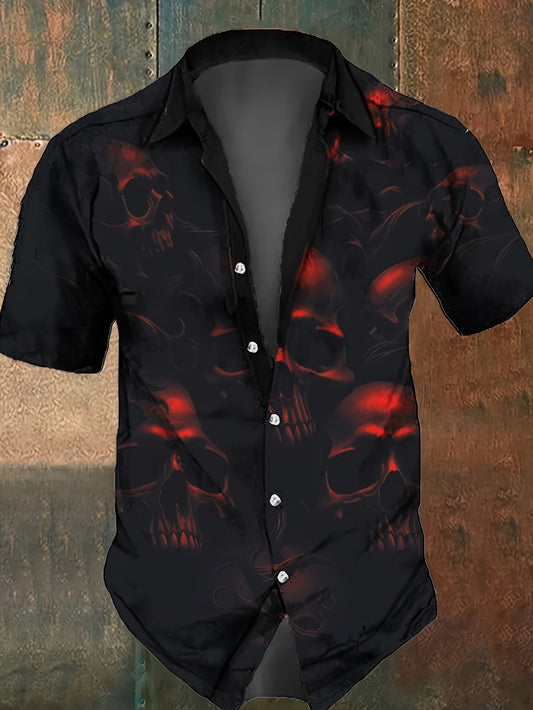 Men's Halloween Skull Print Short Sleeve Shirt - Black with Red & Orange Graphic, 100% Polyester Lightweight 140gsm, Regular Fit Button-Up Collar Top for Parties, Casual Wear & Outdoor Events