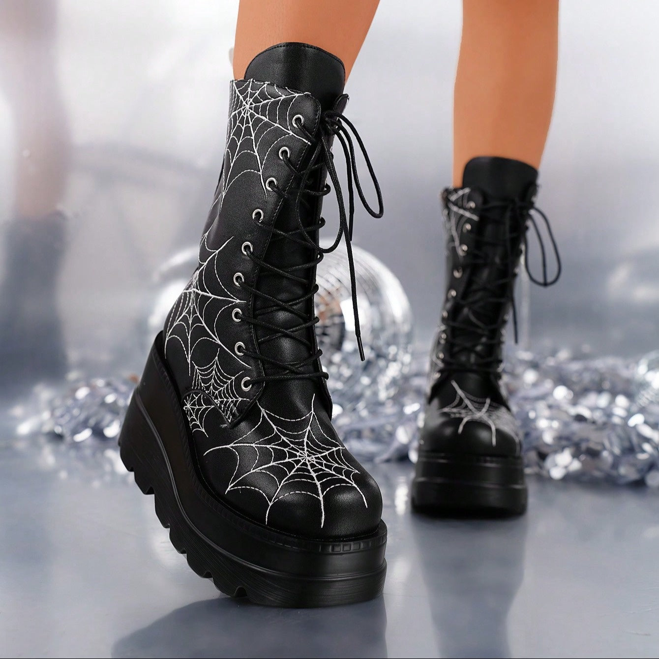 Spooky Style, Black Platform Mid-Calf Boots with Spider Web Design - Casual, All-Season, Zipper Closure, Round Toe, Polyurethane Upper, Fabric Lining & Insole, Casual Footwear|Spooky Theme Boots|Zippered Boots