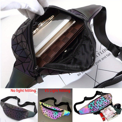 Holographic Belt Bag for Women & Men - Geometric Pattern, PVC Material, Zipper Closure, Unlined, White/Black/Blue/Gray, Perfect for Travel, Running, Sports & Festivals