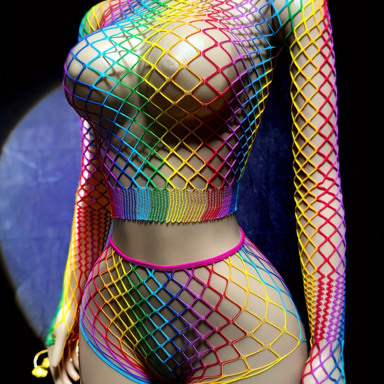 A Sexy Fishnet Cover-Up Designed for Women, Featuring a Hollow-Out Bodystocking in Rainbow Colors, Perfect for Music Festivals, Vacations, And As See-Through Beachwear for Summer Swimwear.