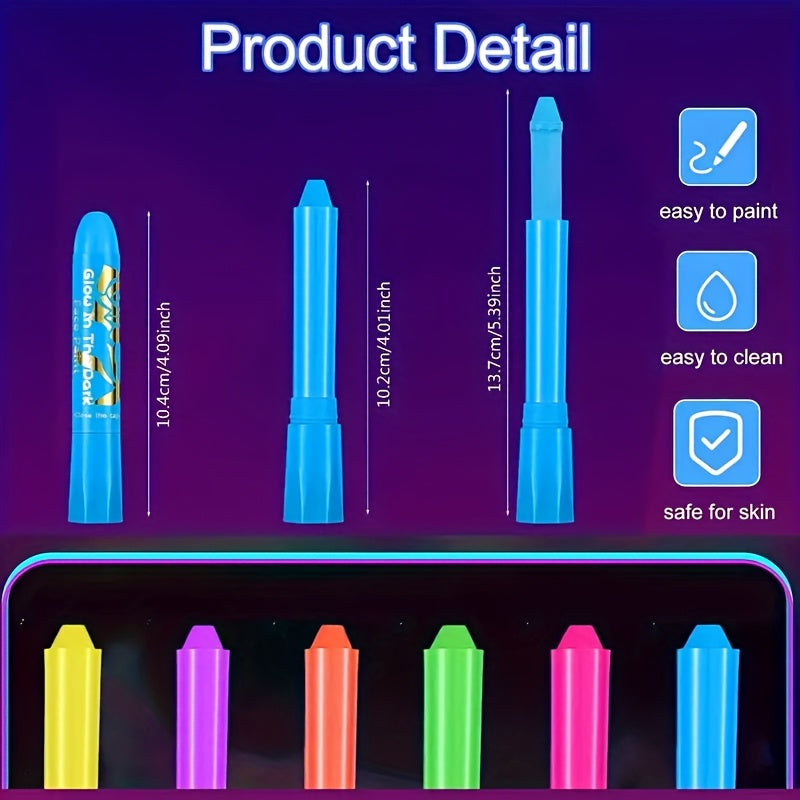 [Neon Face Paint Kit] 6pcs UV Neon Face Body Paint Kit - Glow in The Dark Under Black Light Glow Makeup Kit for Adult - Fluorescent Water-soluble Face Paints Crayons Sticks Markers for Birthday Mardi Gras Party Halloween Masq