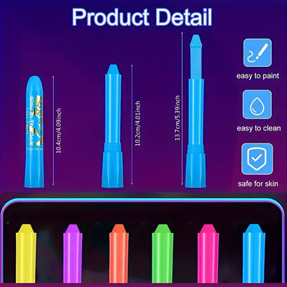 [Neon Face Paint Kit] 6pcs UV Neon Face Body Paint Kit - Glow in The Dark Under Black Light Glow Makeup Kit for Adult - Fluorescent Water-soluble Face Paints Crayons Sticks Markers for Birthday Mardi Gras Party Halloween Masq