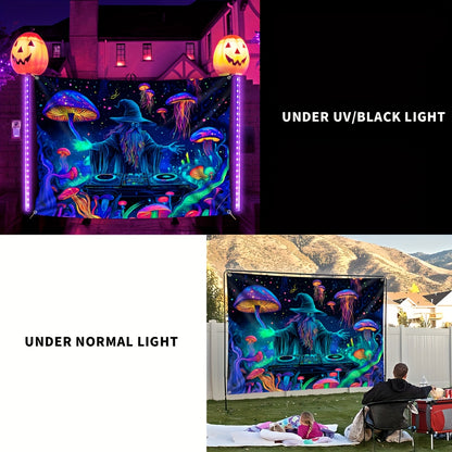 Wizard DJ Jellyfish Mushroom Fluorescent Tapestry - Halloween Outdoor Large Wall Hanging Decor for Yard Party, Hole-Punched Easy Hang, Festive Gift, Polyester, No Electricity Needed
