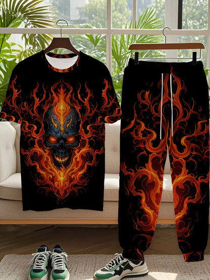Men's Large Size Round Neck 3D Printed Slim Fit Fiery Skull Personality Free and Bold Att! Fashionable and Trendy Versatile Plus Size Men's Round Neck Casual T-shirt and Pants Set, Tall Men's Two-Piece Set, Outdoor Leisure En