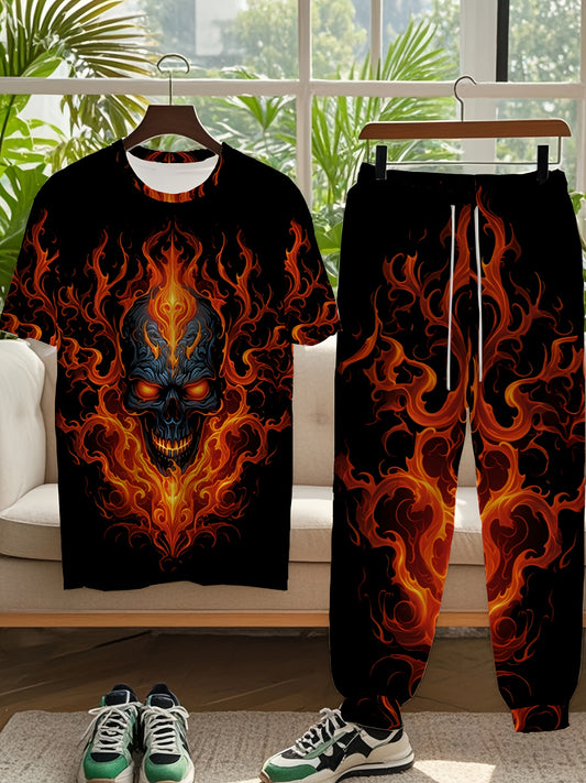 Men's Large Size Round Neck 3D Printed Slim Fit Fiery Skull Personality Free and Bold Att! Fashionable and Trendy Versatile Plus Size Men's Round Neck Casual T-shirt and Pants Set, Tall Men's Two-Piece Set, Outdoor Leisure En
