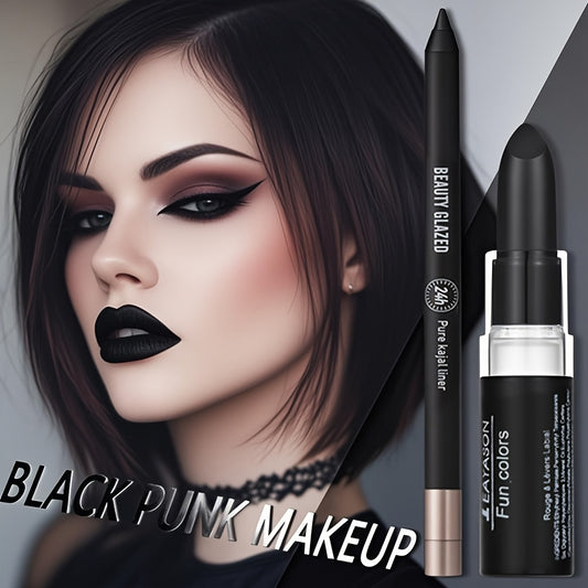 3pcs/SET makeup set: lipstick + eyeliner + eyeshadow, black series, matte waterproof lipstick, black waterproof eyeliner, shiny liquid pearlescent eyeshadow, match to create a black punk makeup, perfect for Halloween